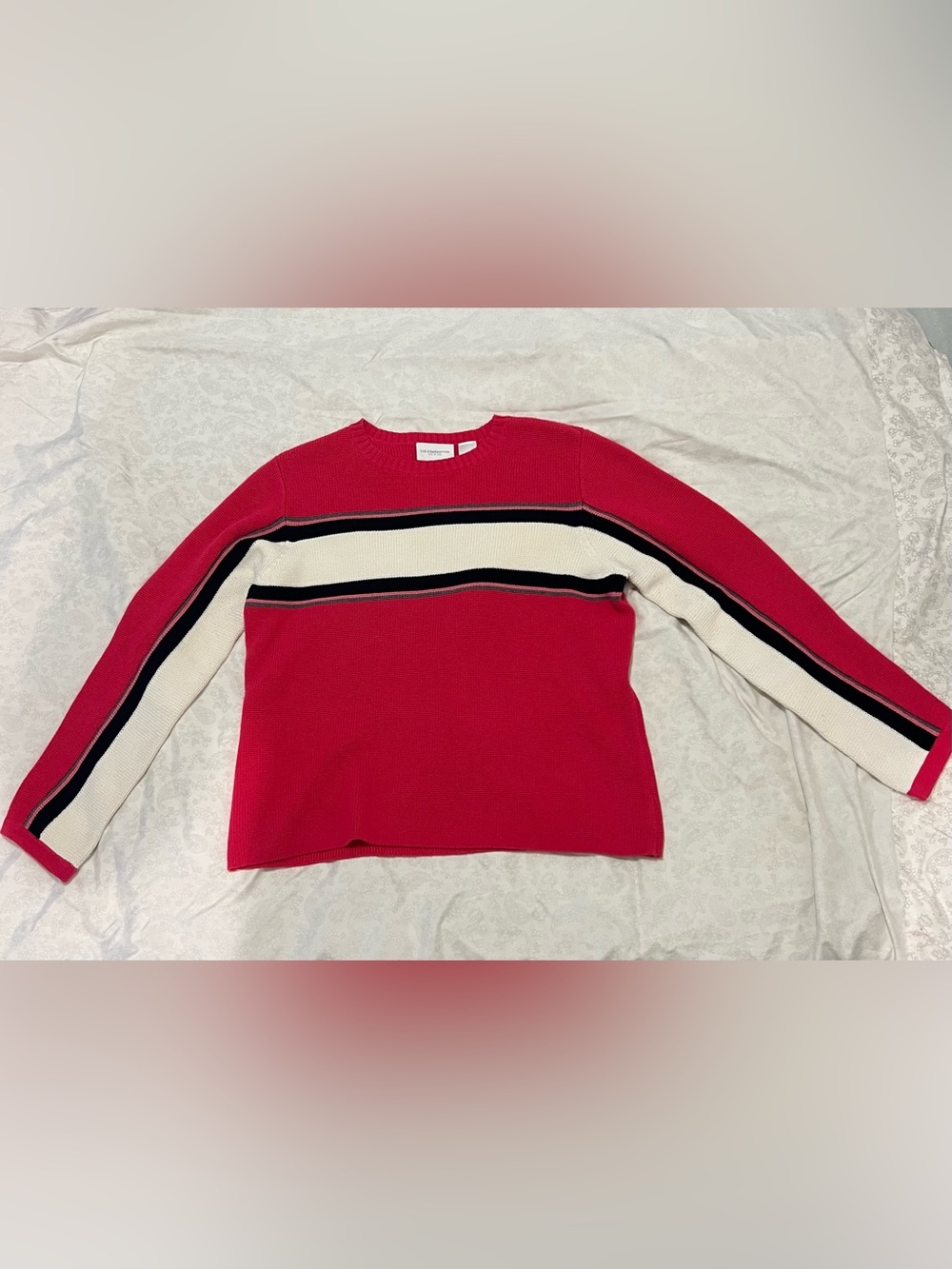 Liz Claiborne Red Crewneck Sweater with White and Black Stripes
